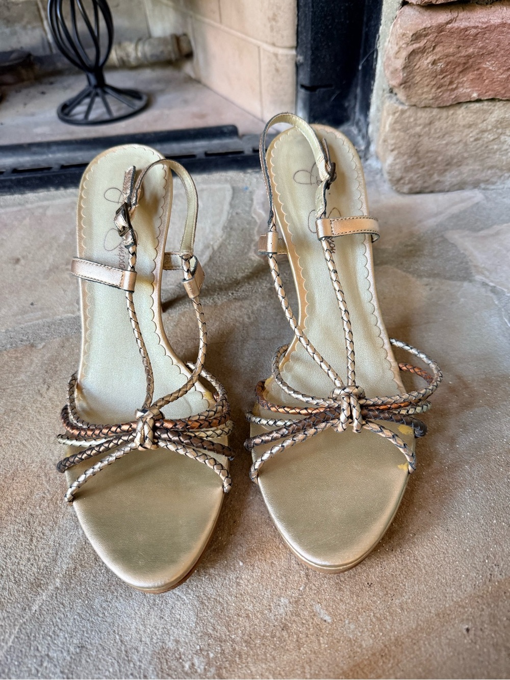 Y2K Jessica Simpson Metallic Gold Braided Strappy Heels
